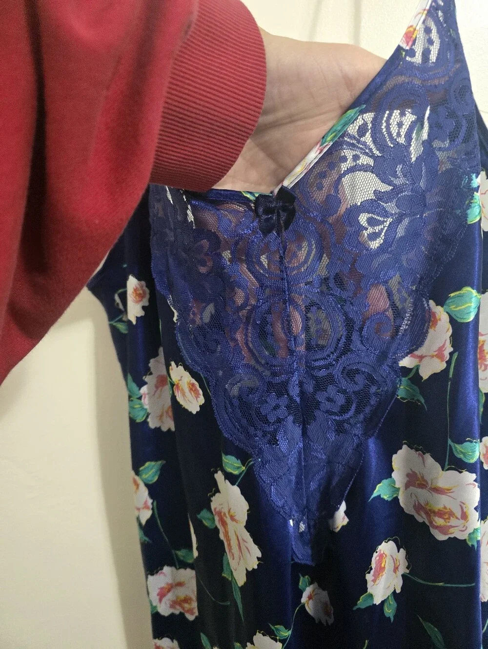 Vintage Deena Satin Lace Floral Midi Slip Dress Navy White Size L